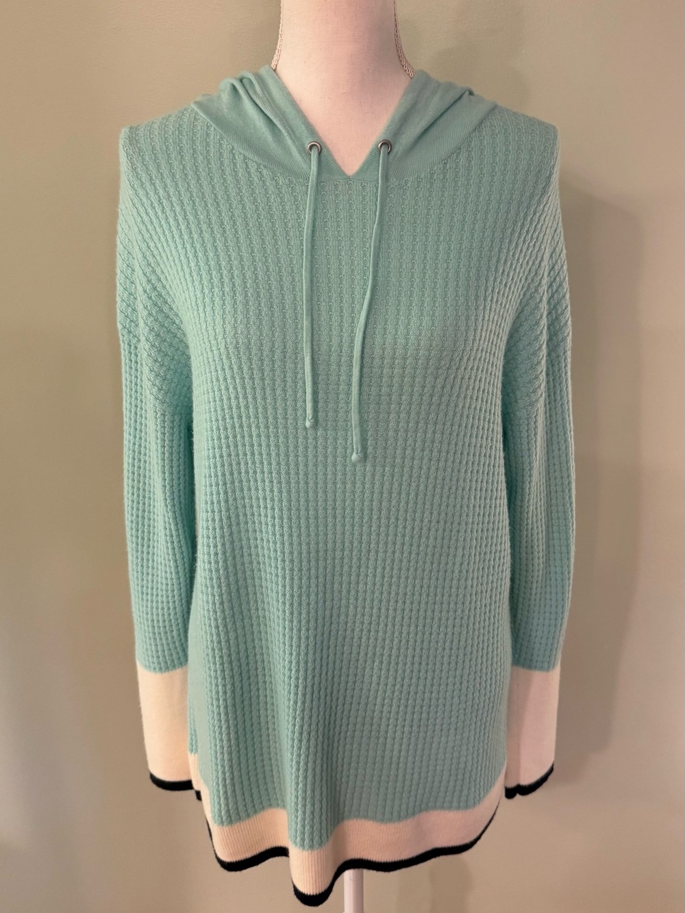 Talbots Mint Hooded Waffle Knit Sweater with Cream & Black Trim